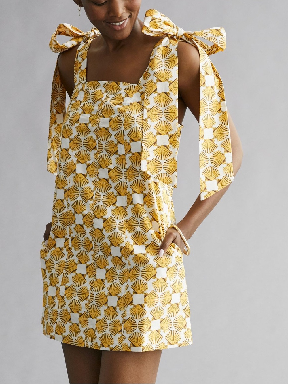 Anthropologie Maeve Tie Strap Yellow Seashell Mini Dress
